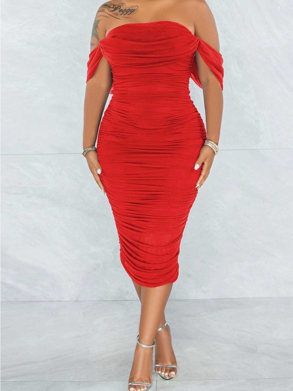 Off-Shoulder Ruched Red Midi Dress - Picture 2 of 3